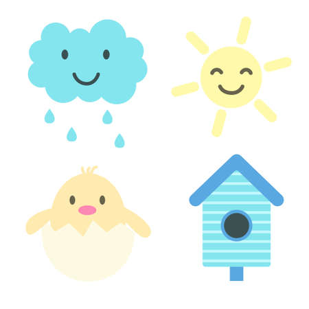 Set of spring elements. Smiling cloud, sun, baby bird in egg and birdhouse. Print for sticker pack, clothes, textile, seasonal design and decor. Illustration in pastel colors.のイラスト素材