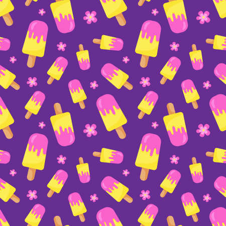 Funny seamless pattern with colorful ice creams on stick. Yellow, pink and purple colors. Positive summer mood. Endless design. Print for textile, clothes, gift wrap, cards, design and decor.のイラスト素材