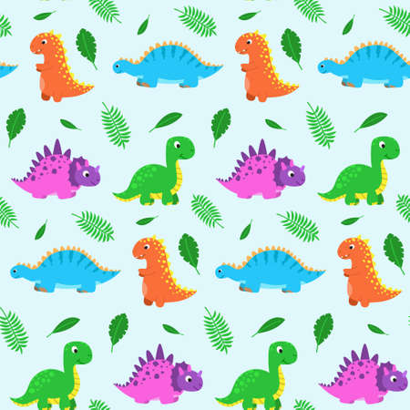 Seamless pattern with funny cartoon dinosaurs. Cute print for children clothes, textile, nursery room decor. Baby background for fabric, postcard, wrapping paper, gift products, wallpaper.のイラスト素材