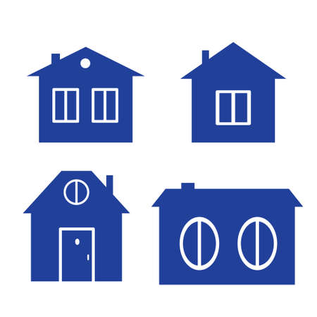 Set of cute cartoon houses, simple icons. Small house with door and small window. Flat illustration, home symbol. Icon for web and graphic resources, design element.のイラスト素材