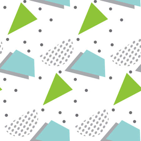 Seamless pattern in minimalistic geometric style. Blue, green, grey and white colors. Memphis style retro print. Abstract doodle background. Endless design. Print for textile, fashion and decor.のイラスト素材