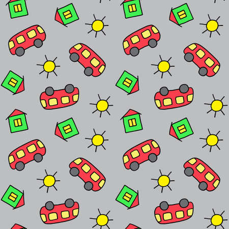 Cute seamless pattern for children. Bus, house and sun. Colorful print. Doodle style illustration. Print for cards, invitations, baby shower, wrapping paper, textile, clothes and room decoration.のイラスト素材