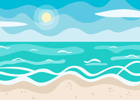 Seascape in cartoon flat style. Summer sunny day, beach and ocean illustration. Background for banner, logo, lettering, card, poster. Blue sky, sea and sand. Landscape panorama, seashore.のイラスト素材