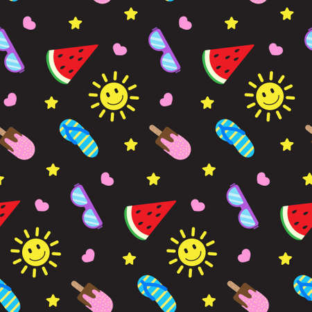 Summer seamless pattern, colorful elements on dark board. Smiling sun, watermelon, sunglasses, and ice creams. Vector illustration in flat style. Print for textile, wrapping paper, design and decor.のイラスト素材
