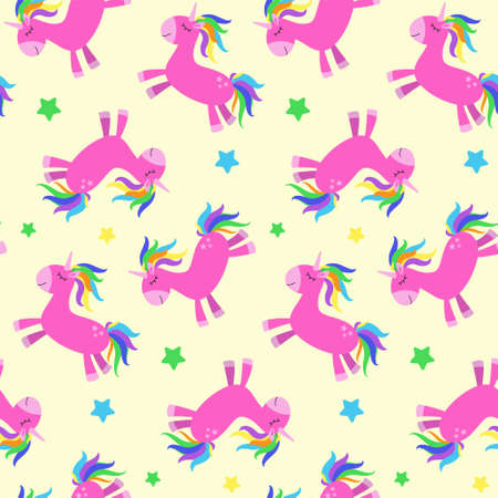 Seamless pattern with funny cartoon unicorn. Cute background. Magical and fairy tale animal. Print for nursery wallpaper, textile, clothes, wrapping paper, design and decor.のイラスト素材