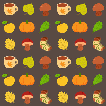 Seamless pattern with different autumn elements. Fall fashion collection. Cute print for textile, wrapping paper, clothes, wallpaper. Cute background for harvest festival, seasonal decor.のイラスト素材