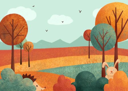 Autumn landscape card with rabbit, hedgehog, leaves,の写真素材