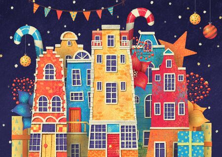 Night city street with houses, beries, snow, candies, lollipop, gifts, poinsettia.の写真素材