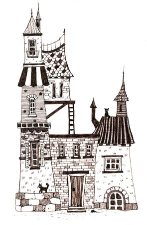 Old victorian house with cats. Hand drawn illustration.の写真素材