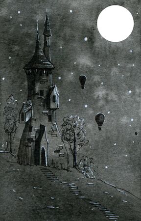 Old victorian house at night with moon, stars and air balloons.の写真素材