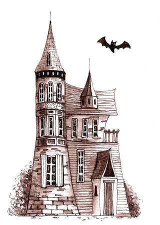 Old victorian house with bat. Hand drawn illustration.の写真素材