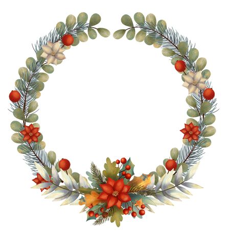 Circle christmas frame for card or invitation with poinsettia, lollipop, candy and berry, leaves, branches. Hand drawn illustration.の写真素材
