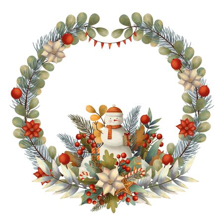 Circle christmas frame for card or invitation with poinsettia, banners, lollipop, candy, snoman and berry, leaves, branches. Hand drawn illustration.の写真素材