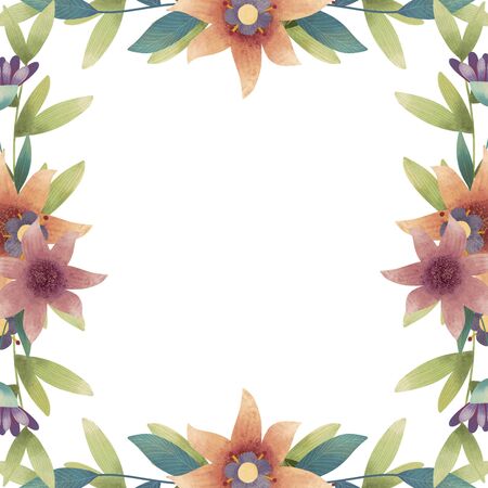 Summer, spring, easter, birthday or wedding square frame with flowers, leaves and branches.の写真素材