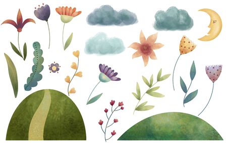 Set of flowers, leaves, clouds, moon, grasses and hiils.の写真素材