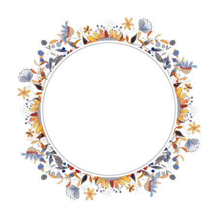 Watercolor summer and spring circle frame with flowers, leaves and branches.の写真素材