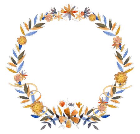 Watercolor summer and spring circle frame with flowers, leaves and branches.の写真素材