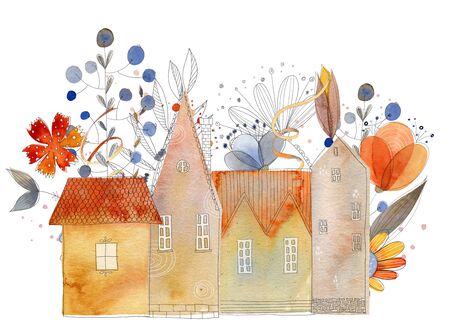 Watercolor summer or spring houses with flowers and leaves.の写真素材