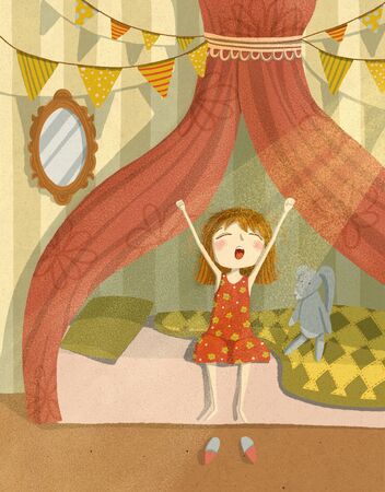 Girl wake up early in the morning and yawn. Hand drawn illustration.の写真素材