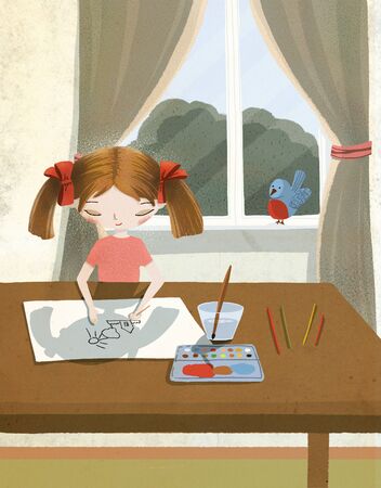 Girl draw on paper with pencil and paints sitting on the chair. Hand drawn illustration.の写真素材