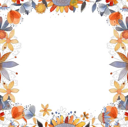 Watercolor summer and spring square frame with flowers, leaves and branches. Hand drawn illustration.の写真素材
