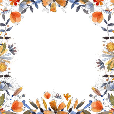 Watercolor summer and spring square frame with flowers, leaves and branches.の写真素材