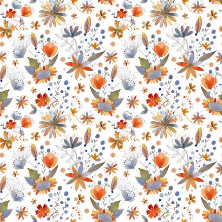 Summer spring watercolor seamless pattern with flowers, leaves and berries.の写真素材