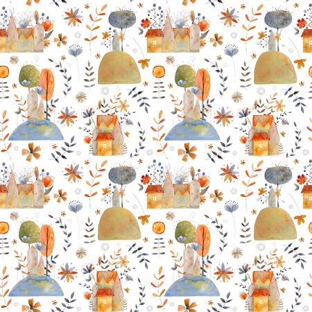 Spring summer Seamless Pattern with Houses, trees, flowers and leaves.の写真素材