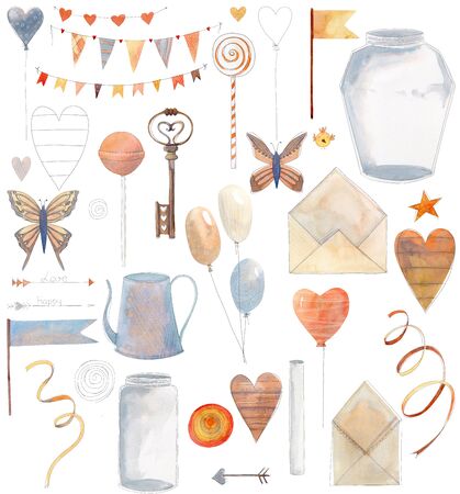 Set of cute watercolor elements with key, watering can, flags, butterfly, hearts, jars and banners.の写真素材