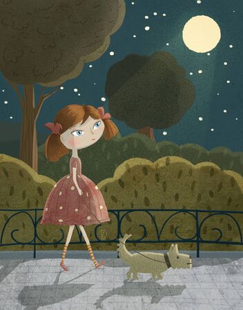 Girl go for a walk with little dog in the evening. Hand drawn illustration.の写真素材