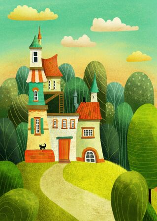 Magical crazy house or castle on the hill in the forest with trees, cats, clouds and road. Hand drawn illustration.の写真素材