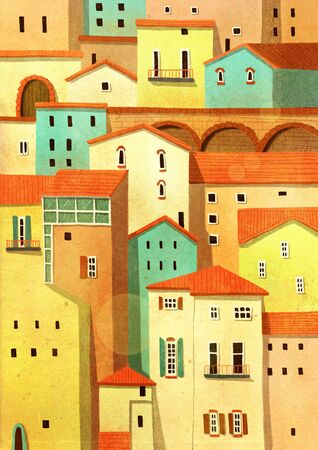 City with house on the hill with doors, windows, bridge.の写真素材