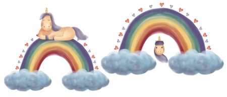 Unicorn with hearts sleeping above the rainbow with clouds.の写真素材