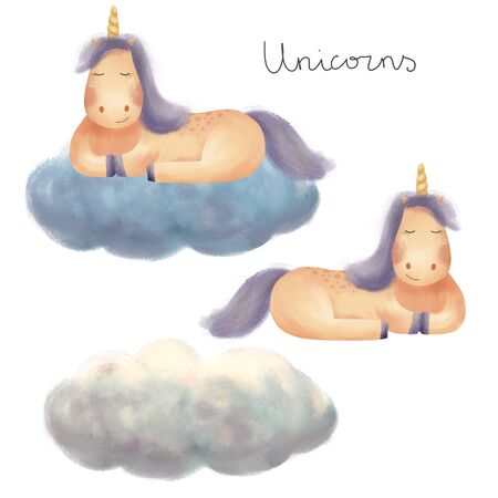 Set of cute characters - sleeping unicorn with clouds.の写真素材