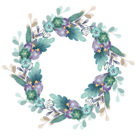 Summer, spring, easter, birthday or wedding circle wreath with flowers, leaves, hearts and branches.の写真素材