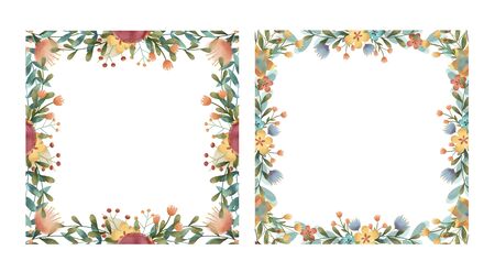 Set of summer, spring, easter, birthday or wedding square frame with flowers, leaves and branches.の写真素材
