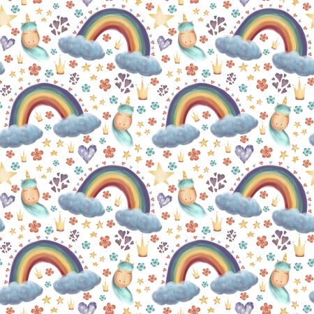 Seamless pattern with unicorn, rainbow, hearts, clouds and stars.の写真素材