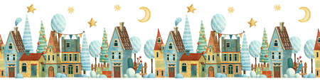 Seamless christmas winter border with houses, trees, stars, moon and snow.の写真素材