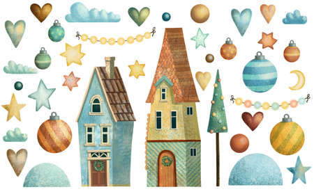 Set of cute winter christmas houses, stars, hearts, garland, trees and snowdrift.の写真素材