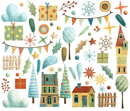 Set of cute winter christmas houses, stars, berries, garland, trees and snowflake.の写真素材
