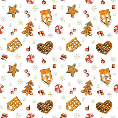 Christmas Sweets seamless pattern with candy, gingerbread, cookies, snowflake and berries.の写真素材