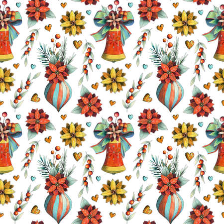 Christmas winter seamless pattern with flowers, leaves, branch, berries, bow, decoratopns and poinsettia.の写真素材