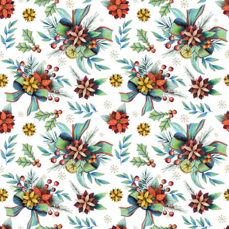 Christmas winter seamless pattern with flowers, leaves, branch, berries, bow and poinsettia.の写真素材