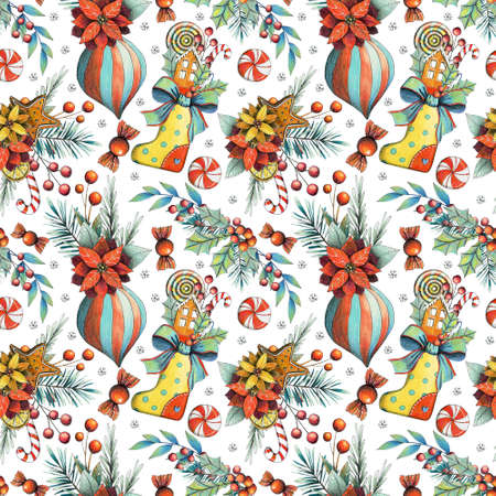 Christmas winter seamless pattern with flowers, candy, leaves, branch, berries, bow, socks, decoratopns and poinsettia.の写真素材
