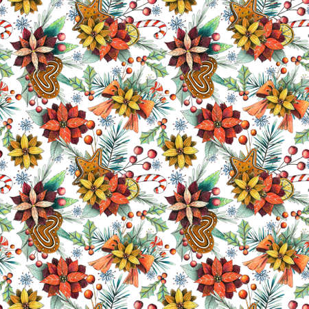 Christmas winter seamless pattern with flowers, leaves, branch, berries, gingerbread and poinsettia.の写真素材