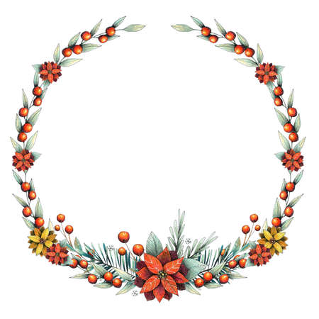 Christmas circle frame with poinsettia, leaves, pine and berries.の写真素材
