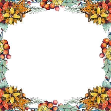 Christmas square frame with poinsettia, leaves, pine and berries.の写真素材