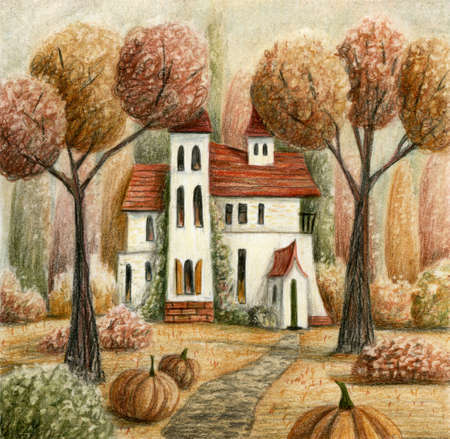 Autumn witch house with pumpkins, trees and forest.の写真素材
