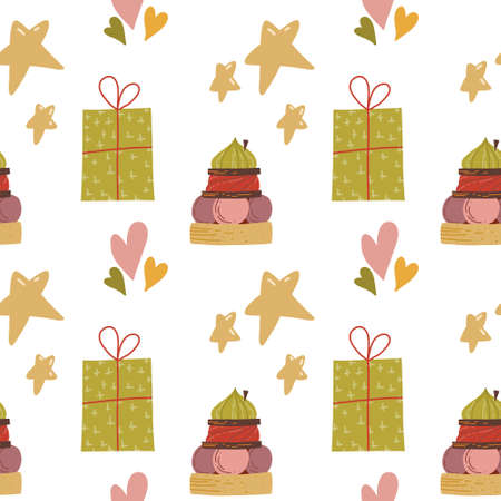 Happy Birthday Seamless Pattern with cute gifts, cakes, hearts and stars.