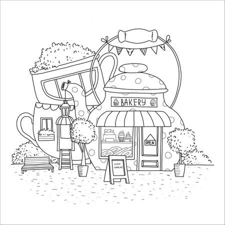 Cute summer and spring bakery shop with trees, cakes, cup and kettle.のイラスト素材